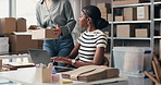 Logistics, team or help with package in small business for online order, delivery details or shipping. Supply chain manager, laptop and women with box for parcel distribution and inventory management
