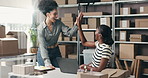 Logistics, team or laptop with high five in small business for sales target, good news or success. Supply chain, happy women and tech with clapping for startup growth, distribution deal or fist bump