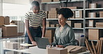 Logistics, team or laptop with discussion in small business for delivery status, shipping or update. Supply chain staff, women and tech with feedback on parcel distribution, stock control and flare