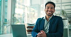Face, financial advisor and happy man in office, laptop and career ambition with confidence. Asian person, investor and employee in workplace, computer and pride with trading portfolio and internet