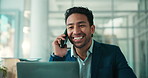 Laptop, phone call and happy business man in company for negotiation, investment deal or offer. Computer, wealth advisor and talk to contact on mobile for financial feedback, proposal or networking