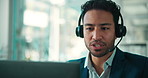 Laptop, call center and business man in office for language translation, customer service and help. Computer, hotline and talk with agent for virtual assistance, multilingual support and contact us