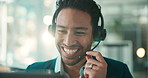Laptop, call center and happy business man in office for language translation, contact us and help. Computer, hotline and talk with agent for feedback, multilingual support and customer service