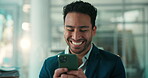Laugh, flare and businessman in office with phone, funny text message or good news on email app. Happiness, space and corporate employee in agency with tech, meme or internet comedy on social media.