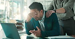 Business, help and men with laptop, stress and sad with financial advisor, bankruptcy and comfort. People, investor and employees in workplace, pc and support with panic attack and stock market crash