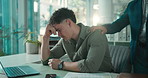Business, comfort and men with laptop, stress and crying with financial advisor, bankruptcy and tired. People, investor and employees with depression, help or sad with reaction or stock market crash