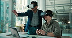 Men, vr glasses and discussion with laptop in office, scroll or metaverse for real estate. People, team and augmented reality for futuristic tech, realtor or view with digital property tour at agency