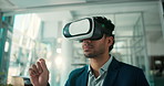 Business, virtual reality glasses and man in office, click and metaverse with real estate. Person, futuristic and employee in workplace, vision and VR eyewear with property selling innovation and app