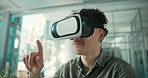 Business, virtual glasses and man with click, augmented reality and metaverse with real estate. Person, futuristic and app with vision, press and VR eyewear with property innovation and digital world