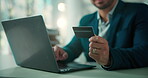 Man, hands or credit card in office with laptop for investment banking, payment or financial management. Bokeh, person or fintech in workplace with computer for transaction, capital funding or budget