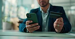 Online shopping, businessman and hands with smartphone, credit card or payment with app subscription. Digital, purchase and person with mobile for ecommerce, transaction and discount on web in office