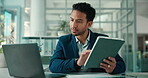 Laptop, tablet and reading with business man in office for broker email, account manager or research. Digital portfolio, investment advisor and online report with person in agency for risk assessment