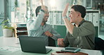 Happy, businessmen and high five with laptop for winning, good news or business success in office. Excited, male people or employees with smile, computer or celebration for promotion or teamwork