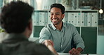 Man, interview and handshake with resume at office with smile, review and onboarding process at company. People, HR manager and success with job application, shaking hands and recruitment at agency