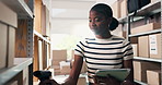 Barcode scanner, boxes and tablet with black woman in storage depot for inventory or logistics management. App, delivery and stock with person in office for shipping or supply chain schedule