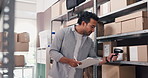 Barcode scanner, clipboard and shelves with man in storage depot for inventory or logistics management. Boxes, paperwork and stock with person writing in office for delivery or supply chain schedule