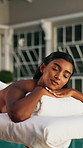 Sleeping, client and woman on table, spa and waiting for massage, relax and calm on wellness resort. Resting, customer and Indian person on vacation for peace, dreaming and break in retreat or luxury