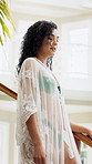 Stairs, walking or woman in resort with swimwear, luxury vacation or serenity at holiday destination. Hospitality, expensive or girl on villa terrace with stroll, relax or peaceful getaway in lodge.