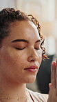 Yoga, meditation and girl with prayer hands in home for spiritual practice, holistic wellness or zen. Breathing, calm woman and namaste pose in apartment for stress relief, inner peace or mindfulness