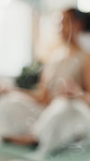 Blur, smoke and girl with yoga meditation for spiritual cleansing, holistic wellness or bokeh. Yogi, woman or zen exercise with incense in home for chakra healing, inner peace or mindfulness practice