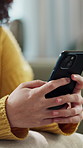 Texting, closeup or hands on sofa with phone, online chat or notification on dating site. Digital, typing and woman in house with technology, romance match and communication on social media.