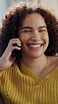 Woman, talk and laughing in apartment with phone call for online gossip, funny story and conversation. Female person, discussion and smile in home with tech for contact, humor and joke communication.
