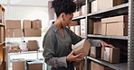 Logistics, woman or packing boxes in storage for inventory management, quality control or efficiency. Small business, owner and packages in warehouse for stock export, shipping workflow and delivery