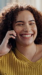 Woman, discussion and laughing in apartment with phone call for online gossip, funny story and joke. Female person, talking and smile in home with tech for contact, humor and catch up conversation.
