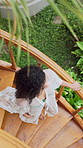 Walking, stairs and above of woman at hotel in summer fashion for holiday, vacation and weekend. Hospitality, villa and person in trendy clothes, swimwear or stylish robe at luxury resort for getaway