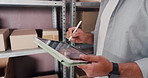 Man, hands or tablet with boxes for inventory check, storage management or logistics in warehouse. Closeup, distributor or small business owner with technology for stock checklist or shelves in depot