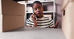Ecommerce, frustrated or black woman with phone call for inventory supplier, transport or wrong delivery. Dropshipping, wholesale or entrepreneur at storage shelf with incorrect order, upset or tech