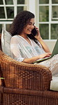 Phone call, laptop and woman at hotel with remote work for creative project planning with contact. Happy, computer and female digital nomad on mobile discussion for article publishing at resort.