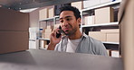 Ecommerce, entrepreneur or man with phone call for inventory supplier, transport or stock delivery. Dropshipping, tablet or business owner with storage check to place order, talk or buy with mobile