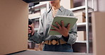 Woman, hands and scanner with boxes, tablet or logistics for price check, barcode or inventory. Female person, entrepreneur or small business owner with technology for stock inspection or storage