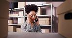 Ecommerce, stress or woman with phone call for inventory supplier, transport or delivery of wrong stock. Dropshipping, frustrated or entrepreneur at storage shelf with incorrect order, boxes or tech