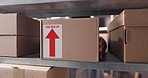 Cardboard box, supply chain and businessman in warehouse for delivery, distribution or shipping. Industry, package and male entrepreneur with parcel for ecommerce order with cargo for logistics.
