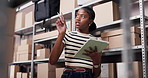 Clipboard, counting and boxes with black woman in storage depot for inventory or logistics management. Shelves, stock and supply chain with African person writing in office for shipping schedule