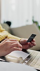 Woman, hands and credit card with laptop for payment, online shopping sale and discount in home. Fintech, female person typing and eft in house with computer for ecommerce checkout, deal or cashback.