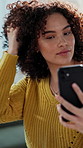 Hair check, phone mirror and woman in home for remote work, beauty or online meeting preparation. Hairstyle, freelancer and person with mobile app for aesthetic, haircare and self care in house