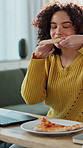 Laptop, pizza and remote work with woman in home office for planning, report or research. Computer, eating fast food and typing with freelance employee in apartment for small business or startup
