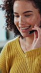 Call center, smile and woman in office with headset, contact us and assistance in crm service. Telecom, explaining and consultant in agency with tech, online advisory and feedback in client support.