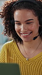 Headset, laptop and remote work with woman in home office for customer service or feedback. Computer, conversation and support with freelance employee in apartment for advice or virtual consulting