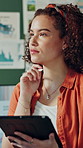 Stylus, vision and tablet with business woman in office for planning, ad revenue and social media marketing. Thinking, campaign research and promotion project with employee in agency for post