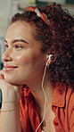 Earphones, relax and thinking with happy woman in home for chilling, me time or wellness. Break, music and vision with thoughtful person in apartment for audio, radio or subscription streaming