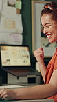 Fist pump, phone and success with designer woman in office for reaction to bonus or good news. Business, celebration and winner with excited design employee in creative workplace for goals or target