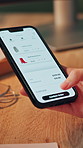 Hands, scroll and online shopping with phone screen for fashion sale, purchase and add to cart in home. Shopper, woman and browsing with tech for ecommerce website, clothes order or payment approved.