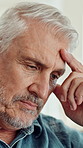 Thinking, senior man and stress in home for memory loss, alzheimers and lonely in retirement. Pensioner, old person with depression and worry in house with dementia, mental health and unhappy alone