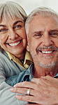 Happy, hug and face of senior couple in home for marriage, bonding or connection together. Portrait, retirement and elderly woman embracing man for relationship, support or care in living room.