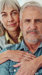 Face, hug and senior woman with husband in home for marriage, bonding or connection together. Portrait, retirement and elderly couple embracing for relationship, support or care in living room.