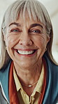 Laughing, senior and face of happy woman in nursing home, wellness and relaxation on weekend morning. Retirement, confident and portrait of elderly person with smile in apartment, pensioner and funny